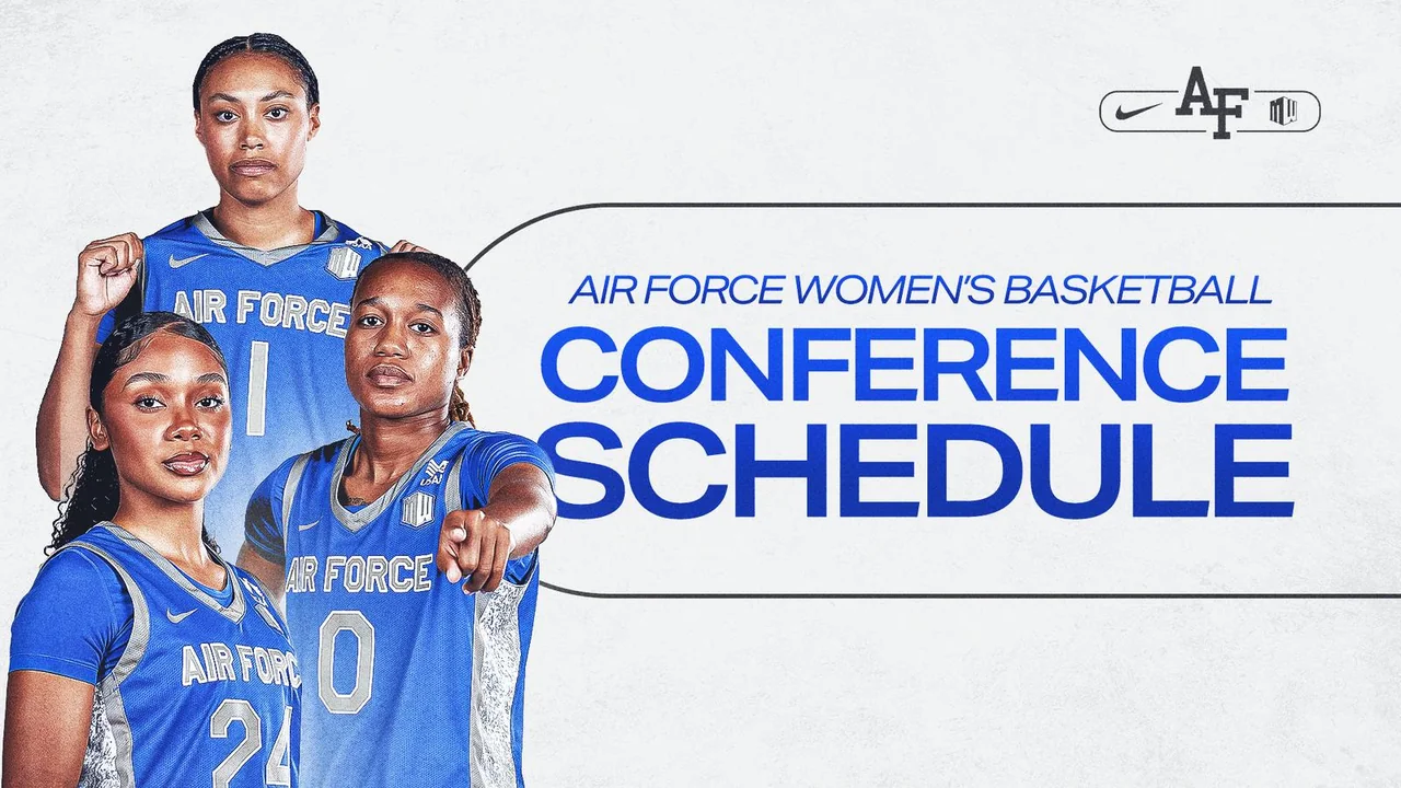 Air Force Falcons women's basketball: conference schedule graphic featuring two players