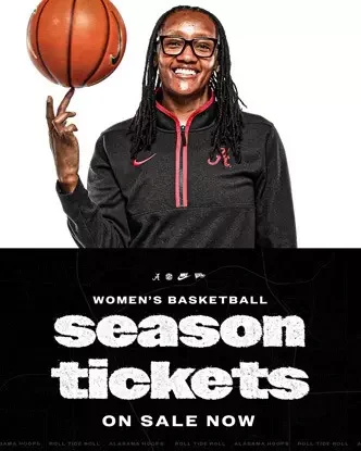 Alabama Crimson Tide women's basketball: season-ticket announcement featuring a basketball player