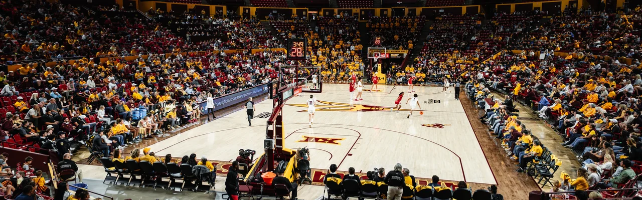 Arizona State Sun Devils women's basketball: wide view of the basketball court and arena seating