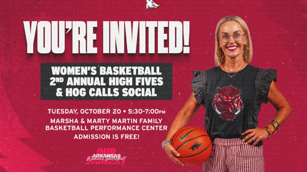 Arkansas Razorbacks women's basketball: event invitation graphic featuring the women's basketball coach