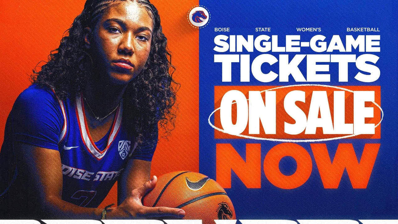 Boise State Broncos women's basketball: single-game ticket announcement featuring a player in uniform