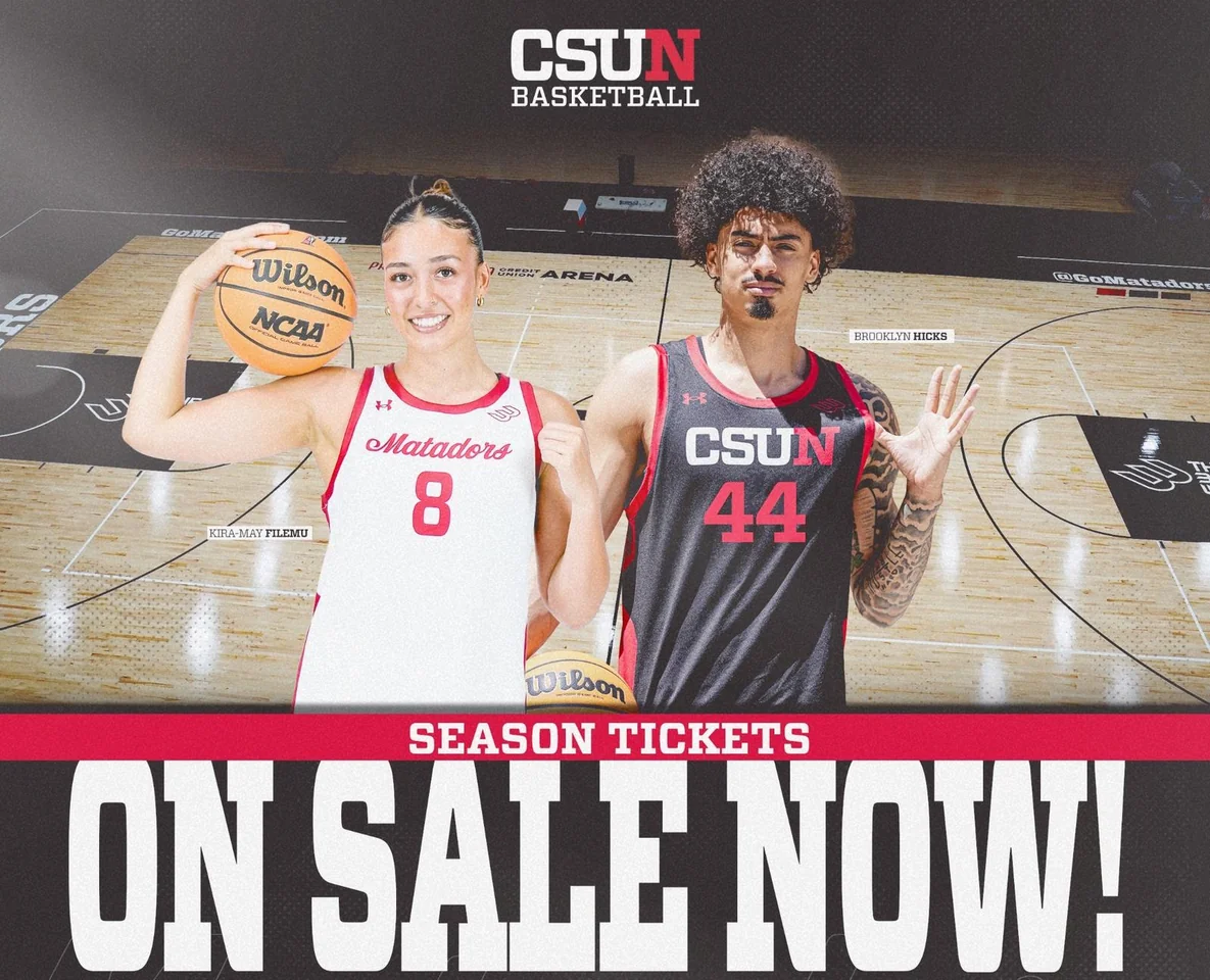 Cal State Northridge Matadors women's basketball: basketball season-ticket graphic featuring two players