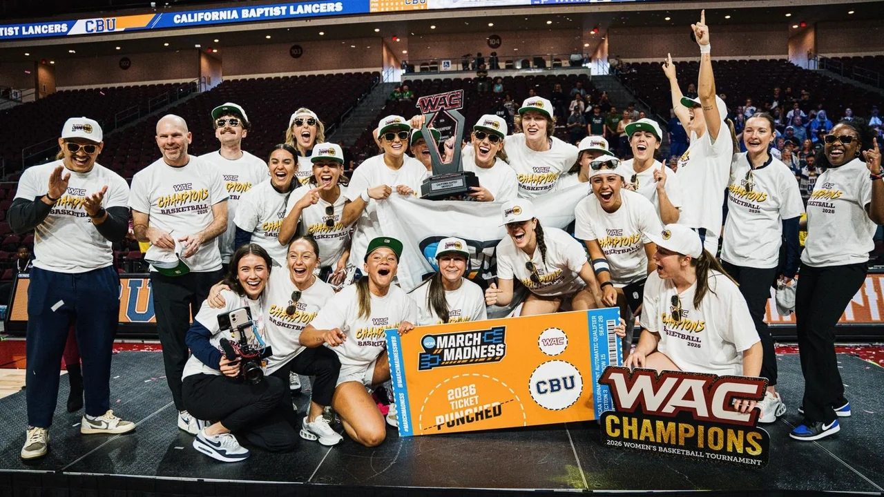 California Baptist Lancers women's basketball: team celebrating with a championship trophy and banner