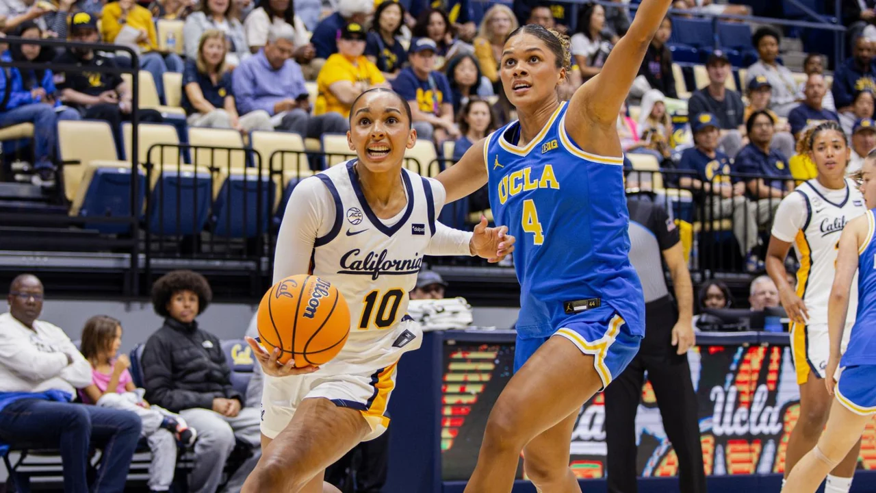 California Golden Bears women's basketball: player dribbling while an opponent defends