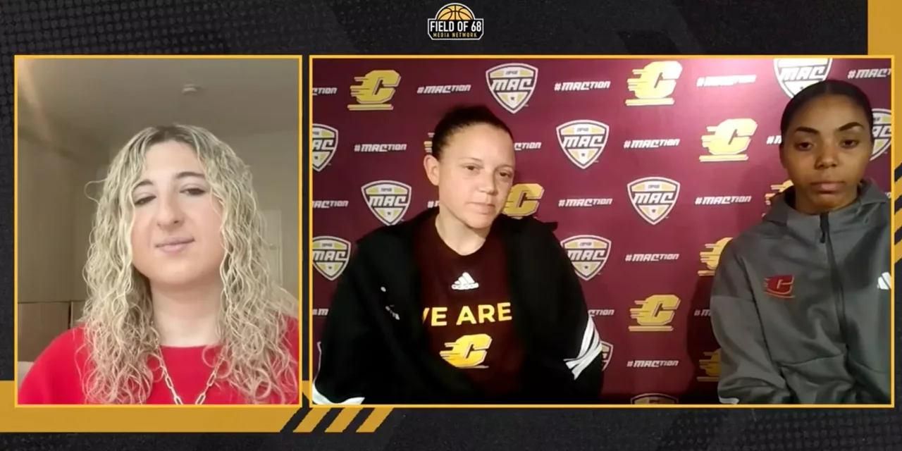 Central Michigan Chippewas women's basketball: players and a coach speaking during a media interview