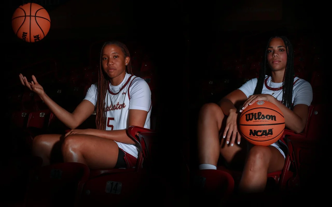 Charleston Cougars women's basketball: two players posing with basketballs in a studio