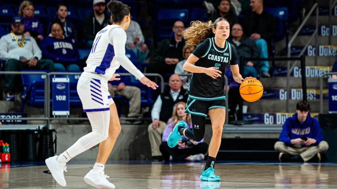 Coastal Carolina Chanticleers women's basketball: guard moving with the ball while an opponent defends