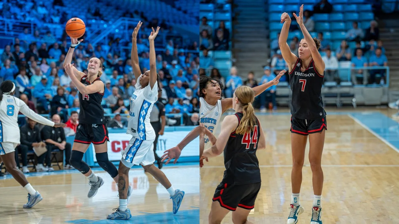 Davidson Wildcats women's basketball: players competing for a rebound during a game