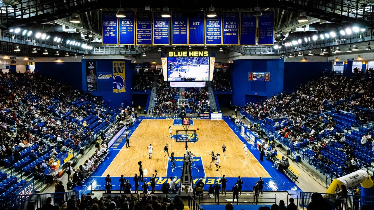 Delaware Blue Hens women's basketball: wide view of the home basketball court and seating