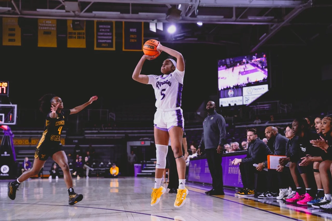 East Carolina Pirates women's basketball: player taking a jump shot under arena lights