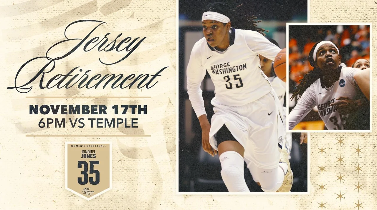 George Washington Revolutionaries women's basketball: jersey-retirement announcement graphic for Jonquel Jones