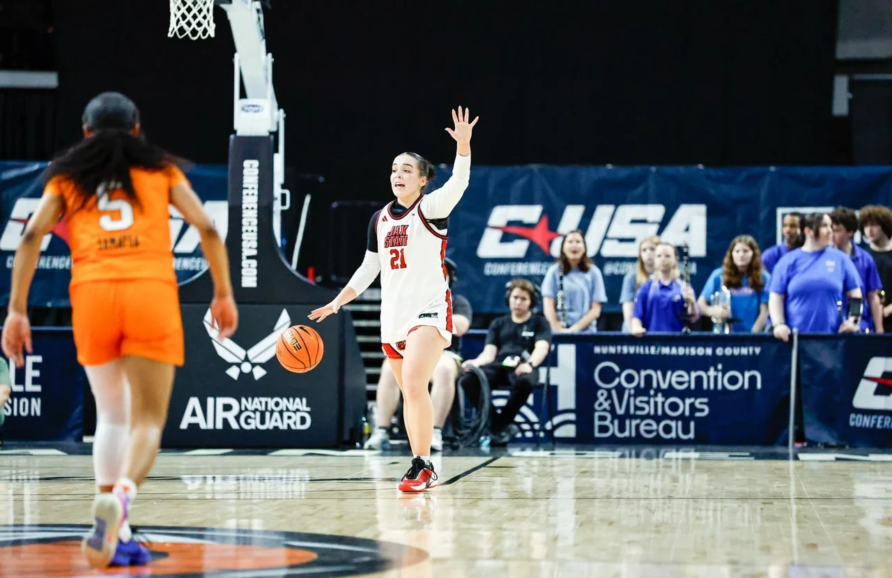 Jacksonville State Gamecocks women's basketball: player shooting over a defender during a game