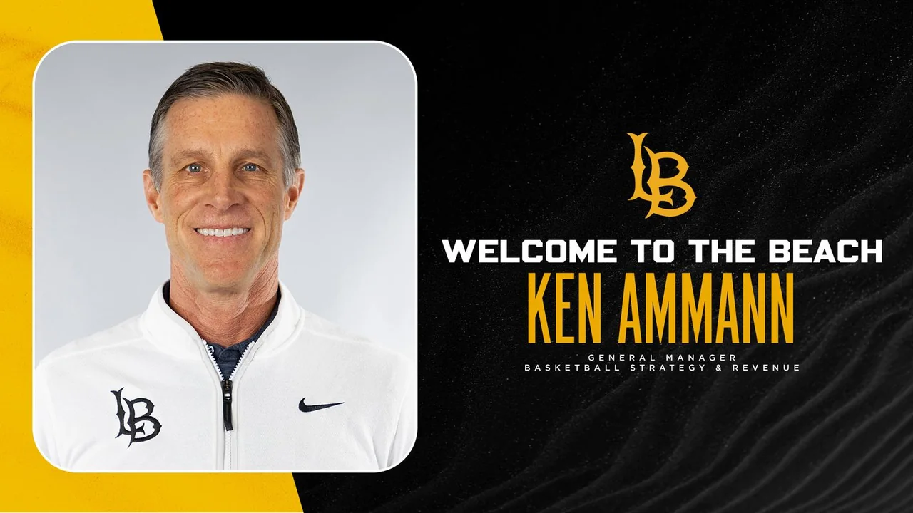 Long Beach State Beach women's basketball: welcome graphic featuring Ken Ammann