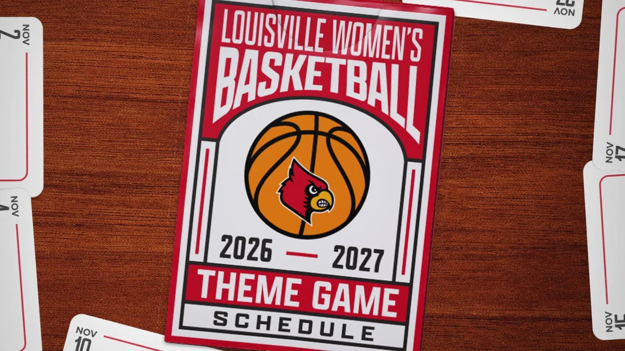 Louisville Cardinals women's basketball: theme-game schedule graphic on the home basketball court
