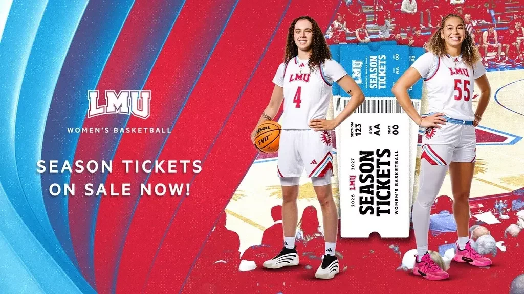 Loyola Marymount Lions women's basketball: season-ticket announcement graphic featuring two players