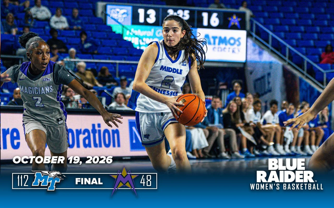 Middle Tennessee Blue Raiders women's basketball: game-result graphic featuring a player in a blue uniform