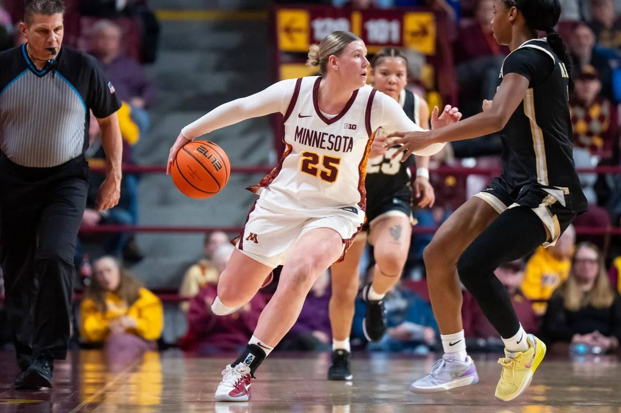 Minnesota Golden Gophers women's basketball: player dribbling past a defender during a home game