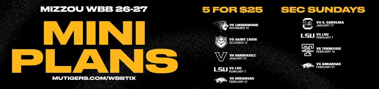 Missouri Tigers women's basketball: ticket mini-plan announcement graphic with home-game information