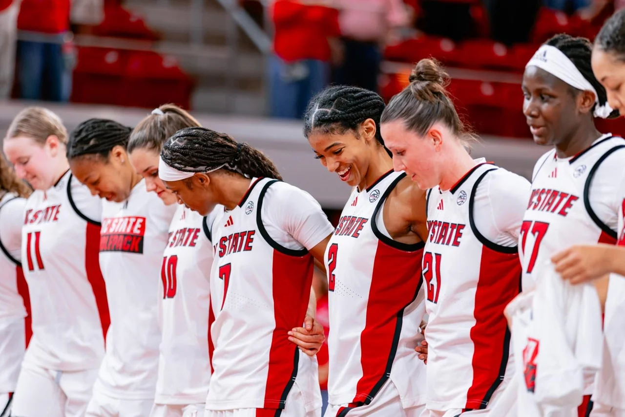 NC State Wolfpack women's basketball: players standing together in a pregame huddle