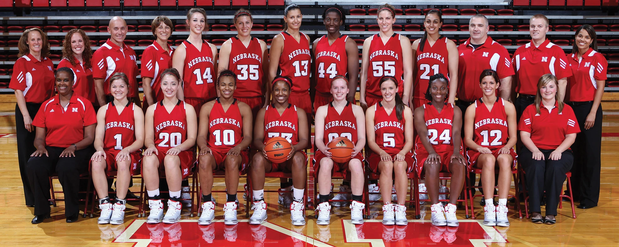 Nebraska Cornhuskers women's basketball team and coaching staff group photo on the home court