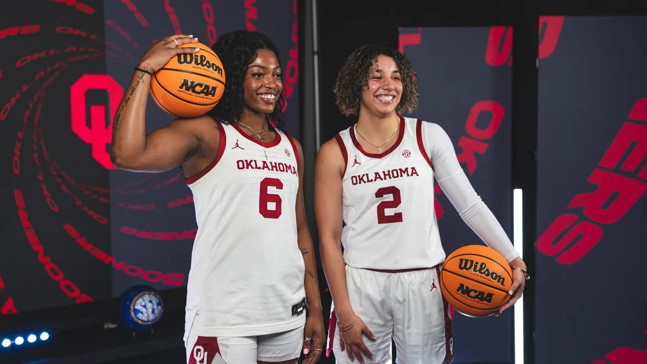 Oklahoma Sooners women's basketball: two players posing in white uniforms with basketballs