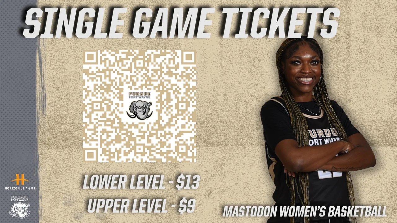 Purdue Fort Wayne Mastodons women's basketball: single-game ticket announcement featuring a player