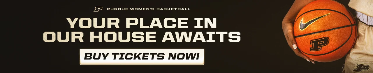 Purdue Boilermakers women's basketball: ticket announcement banner featuring a basketball