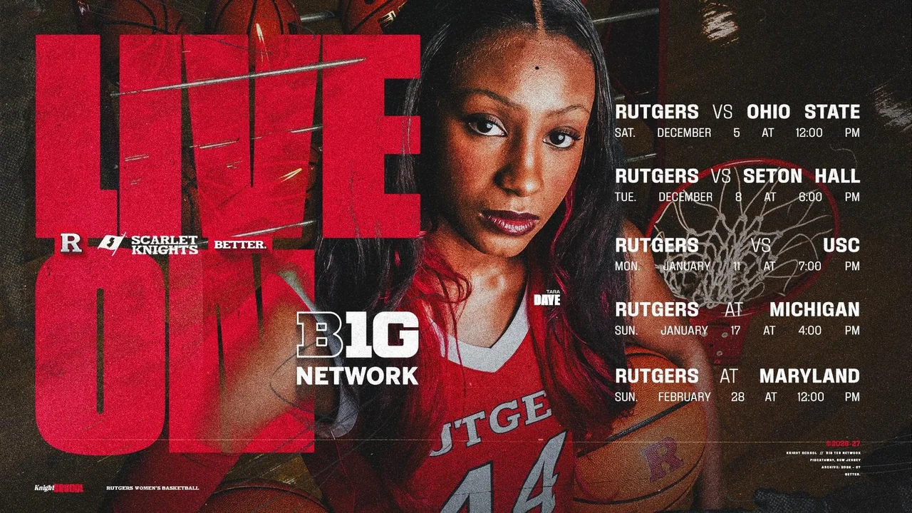 Rutgers Scarlet Knights women's basketball: television broadcast announcement graphic featuring a player