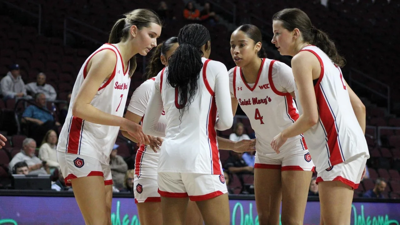 Saint Mary's Gaels women's basketball: players gathering in a circle during a game