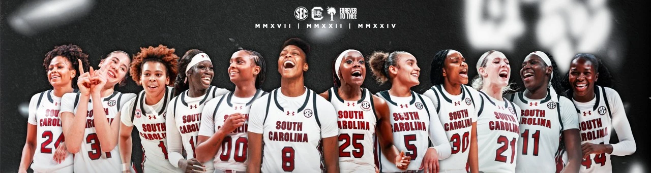 Graphic celebrating South Carolina Gamecocks women's basketball national championships in 2017, 2022 and 2024