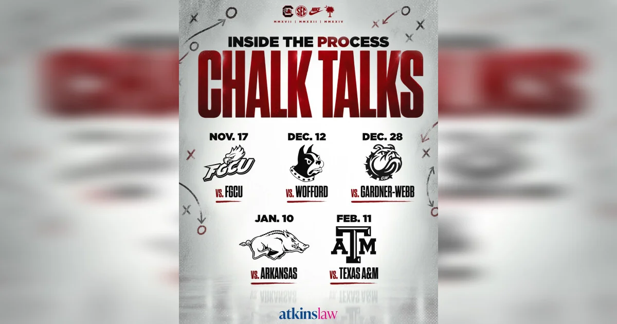 South Carolina Gamecocks women's basketball: Chalk Talks announcement graphic showing upcoming opponents