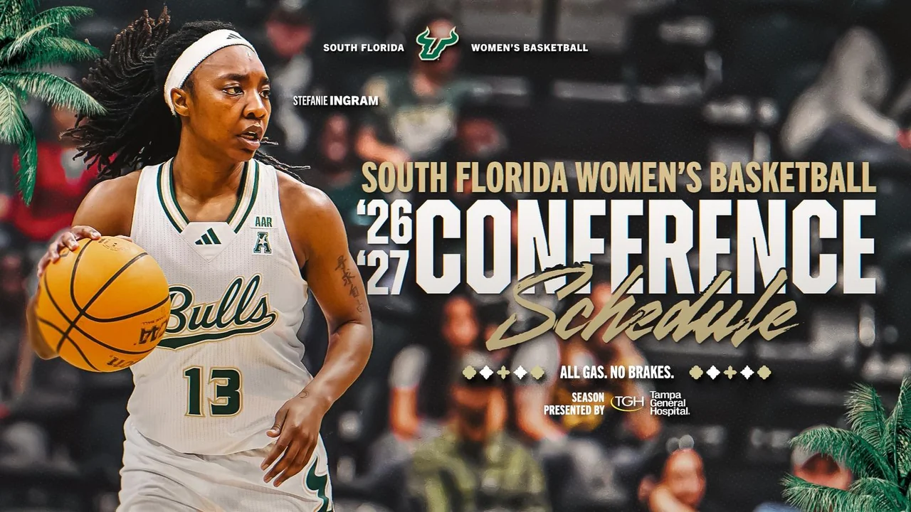 South Florida Bulls women's basketball: conference schedule announcement graphic featuring a player