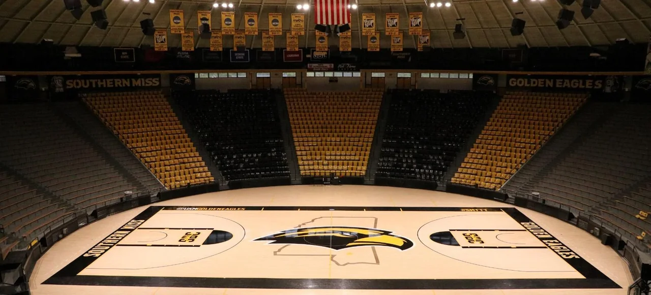 Southern Miss Lady Eagles women's basketball: empty home basketball court and arena seating