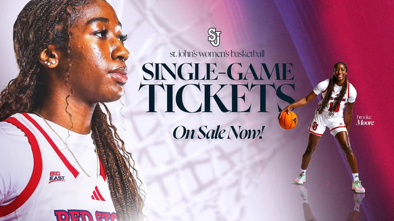 St. John's Red Storm women's basketball: single-game ticket announcement graphic featuring a player
