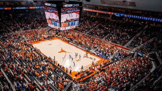 Aerial view of a packed Moody Center during a Texas Longhorns women's basketball game