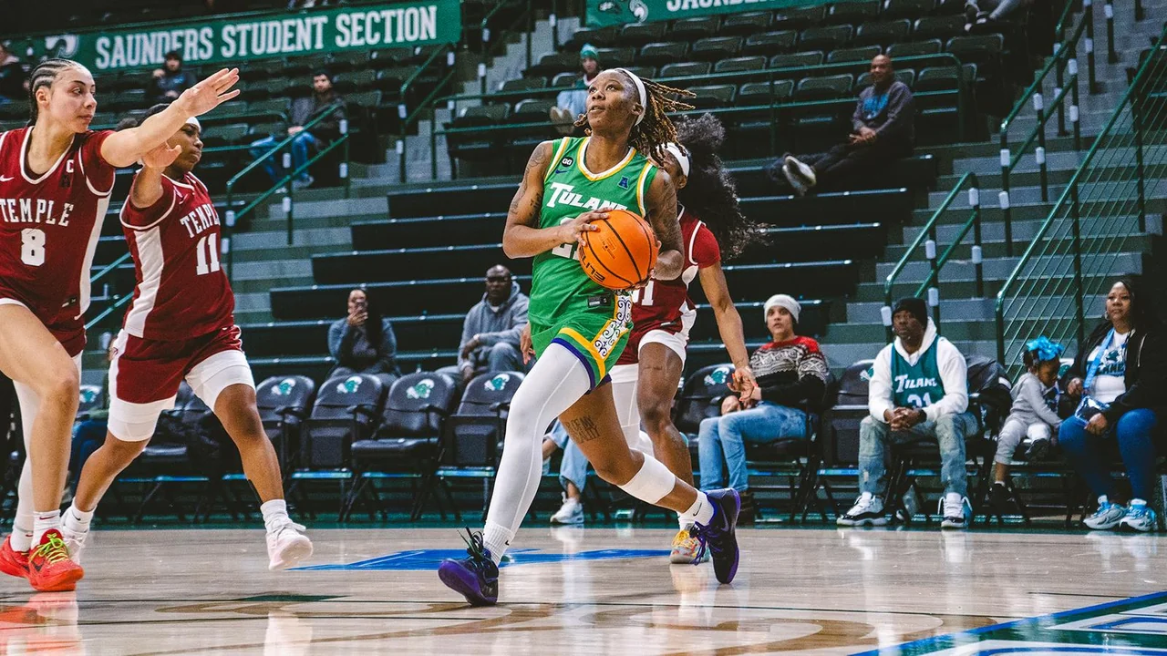 Tulane Green Wave women's basketball: player driving toward the basket while opponents defend