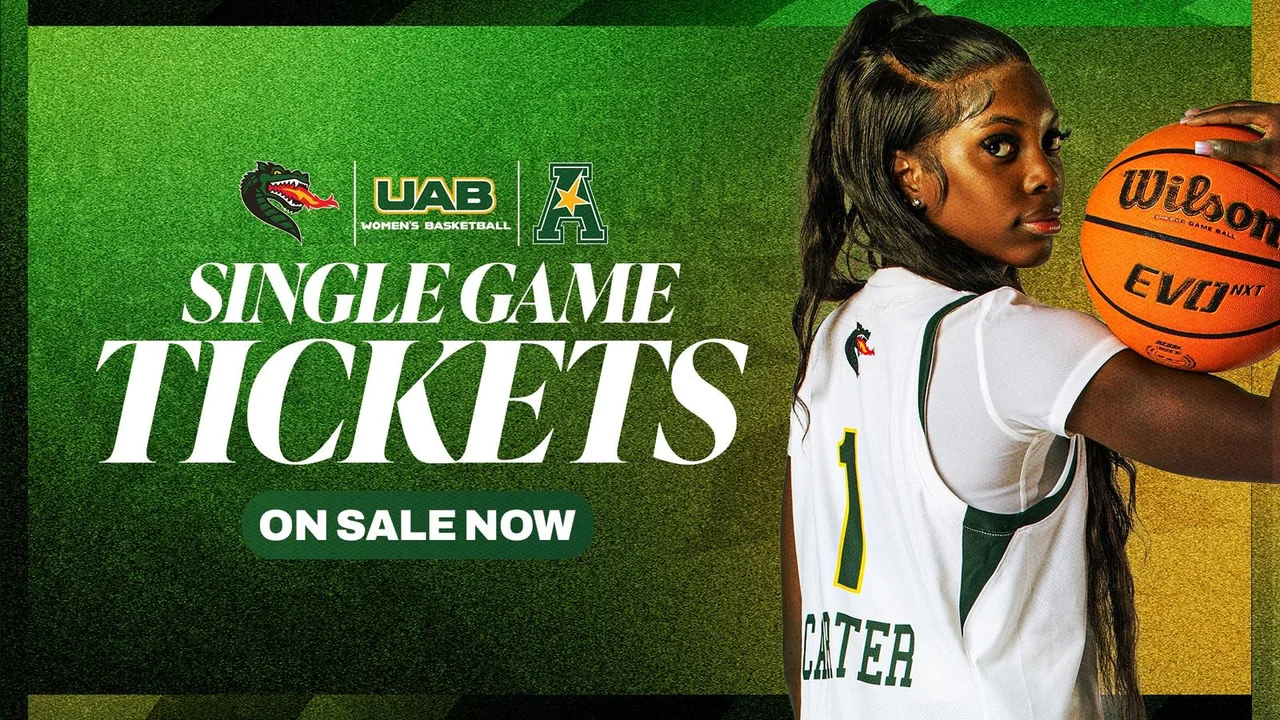 UAB Blazers women's basketball: single-game ticket announcement graphic featuring a player