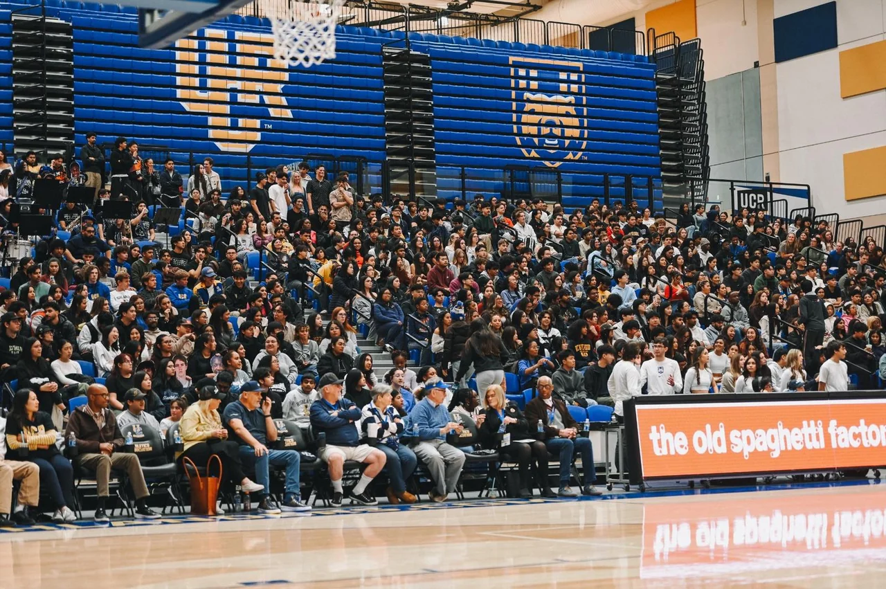 UC Riverside Highlanders women's basketball: fans gathered in the basketball arena seating