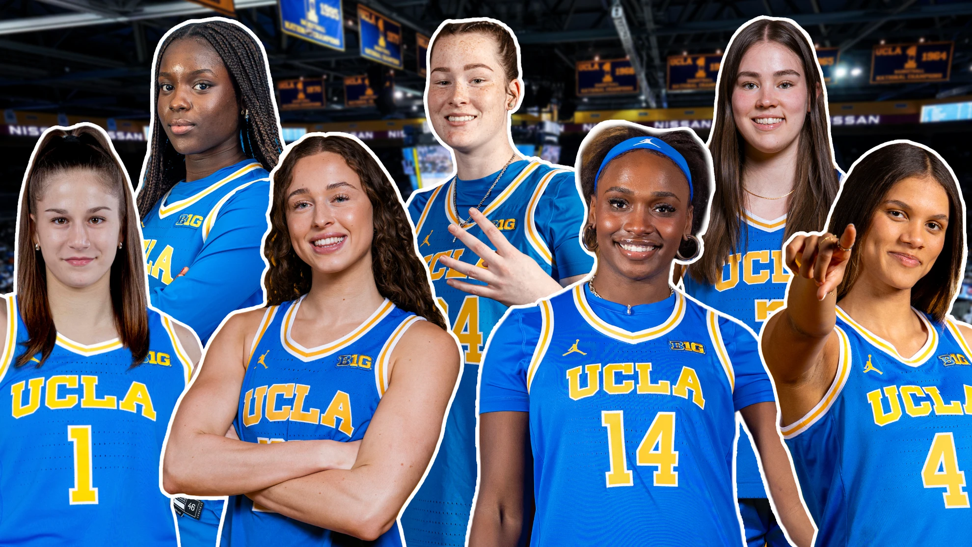 Collage of individual UCLA Bruins player portraits in blue jerseys with Pauley Pavilion in the background
