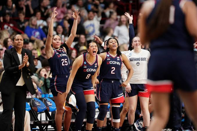 UConn Huskies bench players celebrating with arms raised during a game