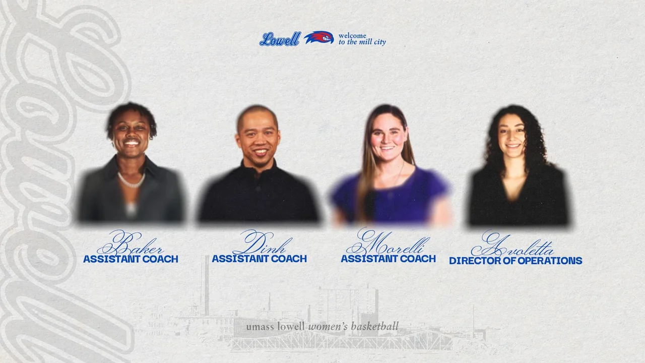 UMass Lowell River Hawks women's basketball: staff announcement graphic featuring four portraits