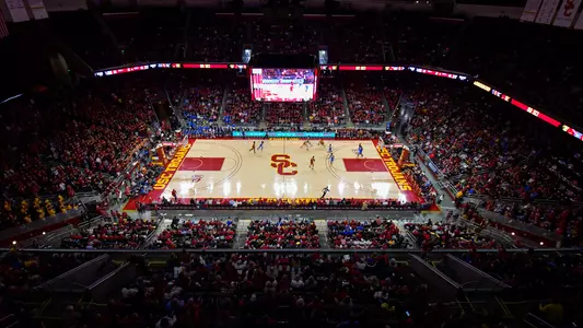 Aerial view of a packed Galen Center during a USC Trojans women's basketball game