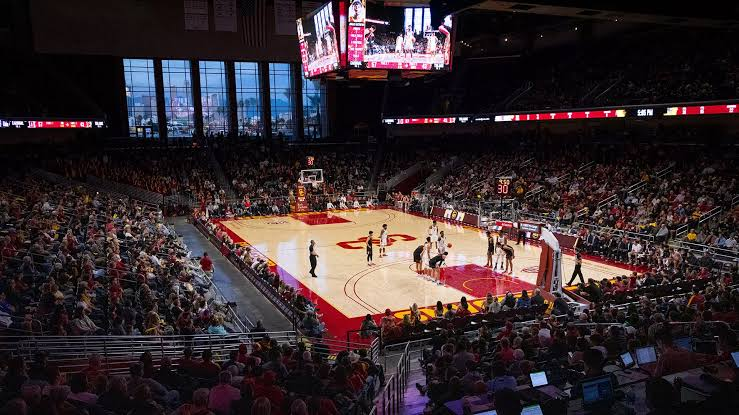 Interior view of the Galen Center crowd watching a USC Trojans game from the lower bowl