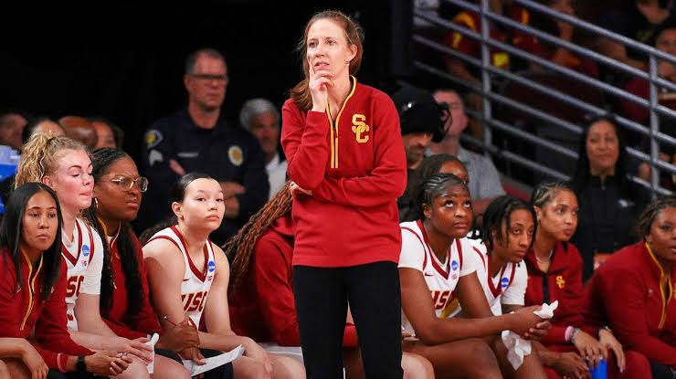 USC head coach Lindsay Gottlieb reacting from the bench during an NCAA Tournament game