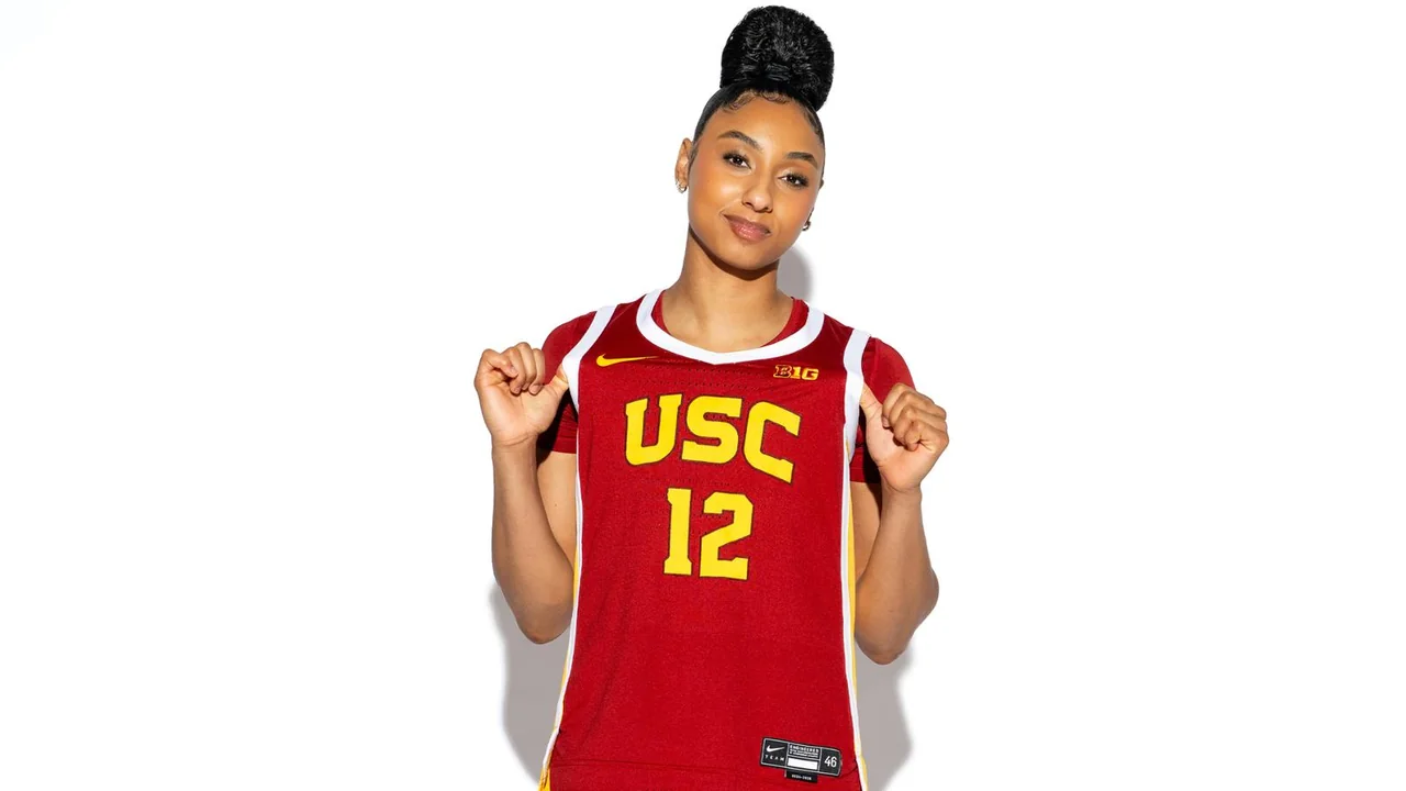 USC Trojans women's basketball: player posing in a red USC uniform