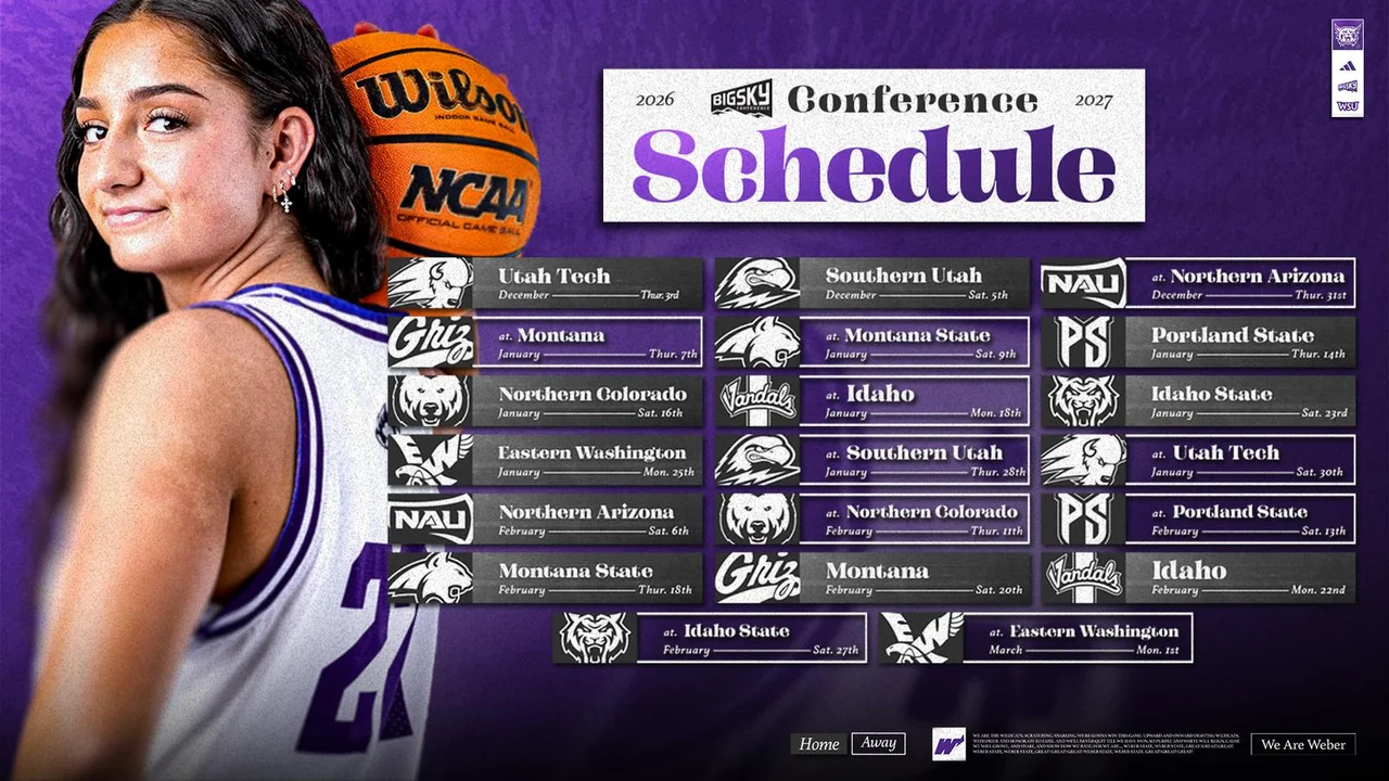 Weber State Wildcats women's basketball: conference schedule graphic featuring a player